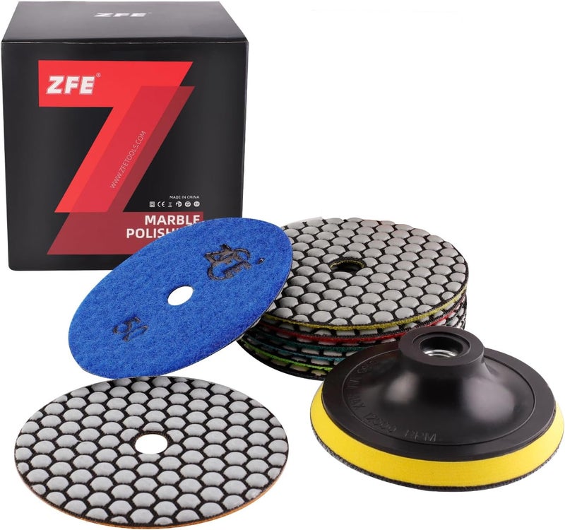 ZFE Diamond Polishing Pads, 9Pcs 4 Inch 100mm Dry Polishing Pads Set with 5/8”-11 Backing Plate for Granite Concrete Marble Quartz Stone Countertop Polishing - Image 1